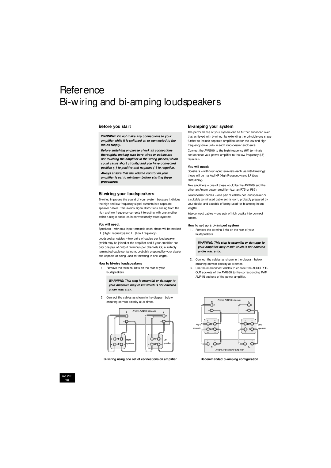 Arcam AVR200 manual Reference Bi-wiring and bi-amping loudspeakers, Before you start, Bi-wiring your loudspeakers 