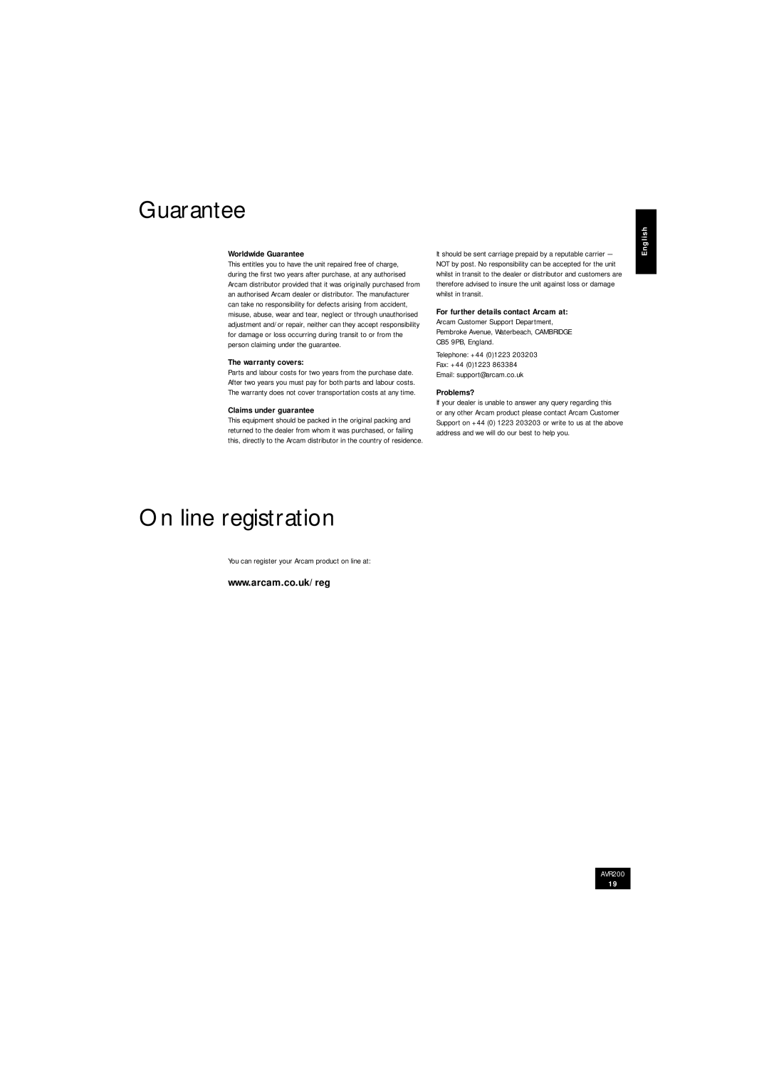 Arcam AVR200 manual Guarantee, On line registration 