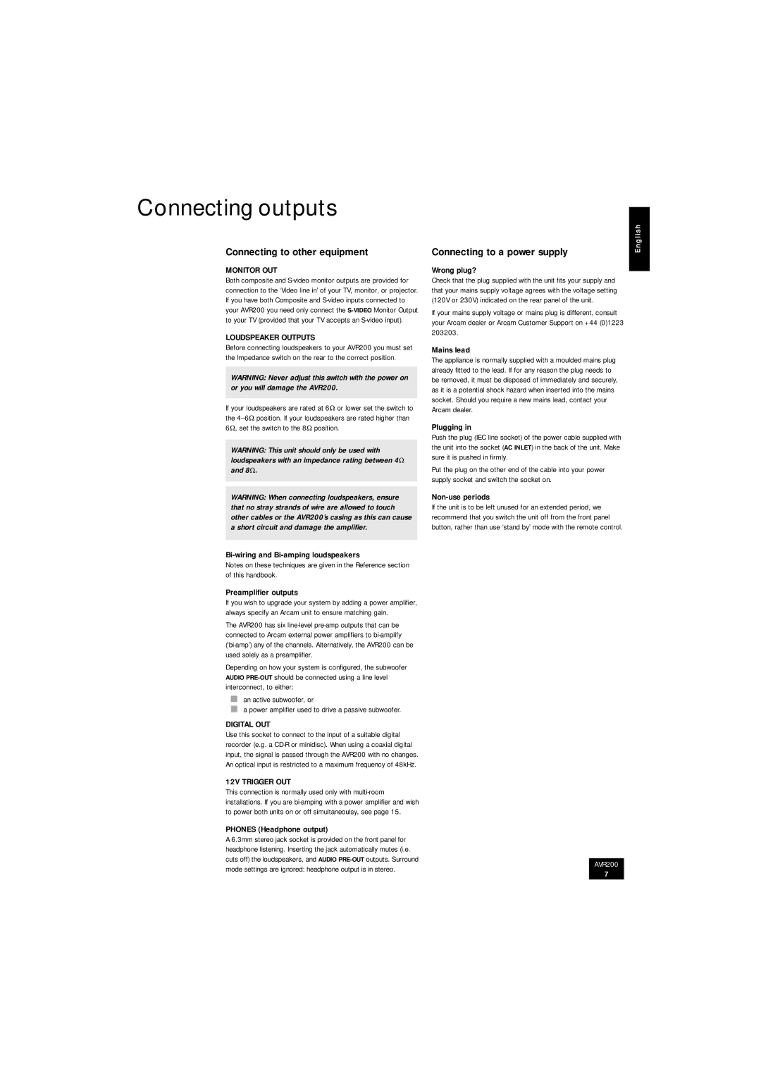 Arcam AVR200 manual Connecting outputs, Connecting to other equipment, Connecting to a power supply 