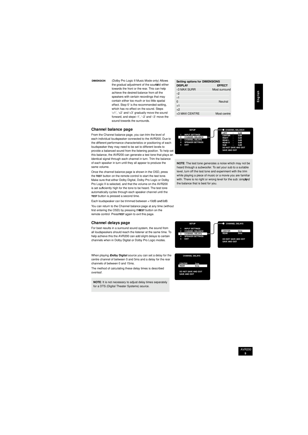 Arcam AVR200 manual Channel balance, Channel delays 