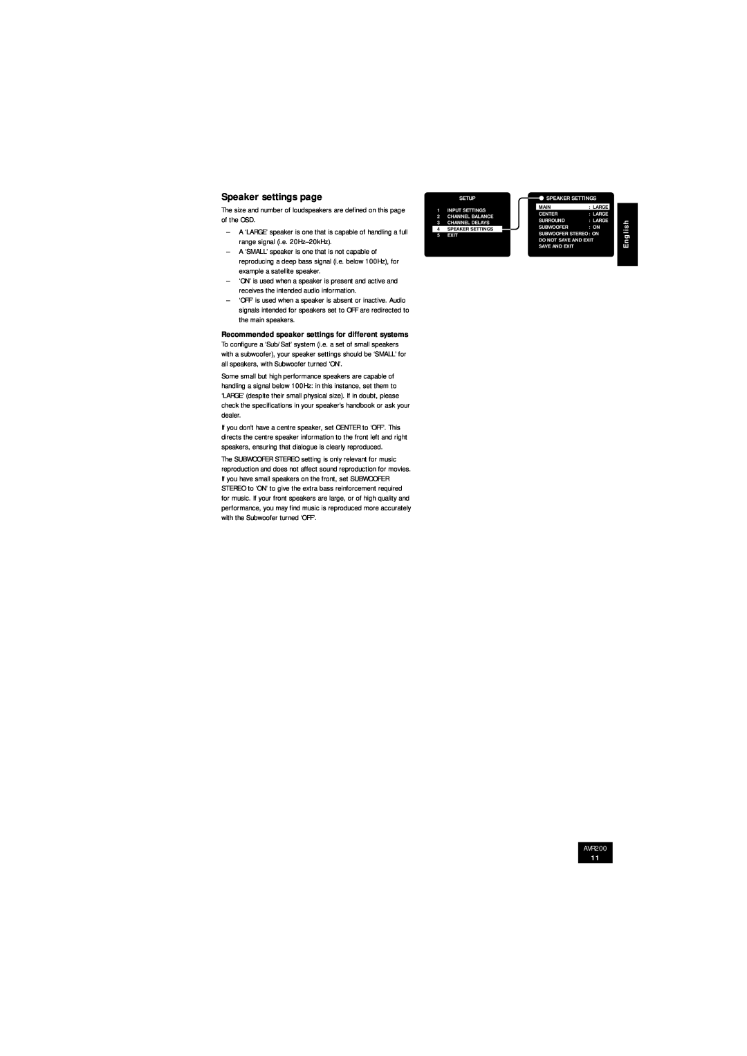 Arcam AVR200 manual Speaker settings page 