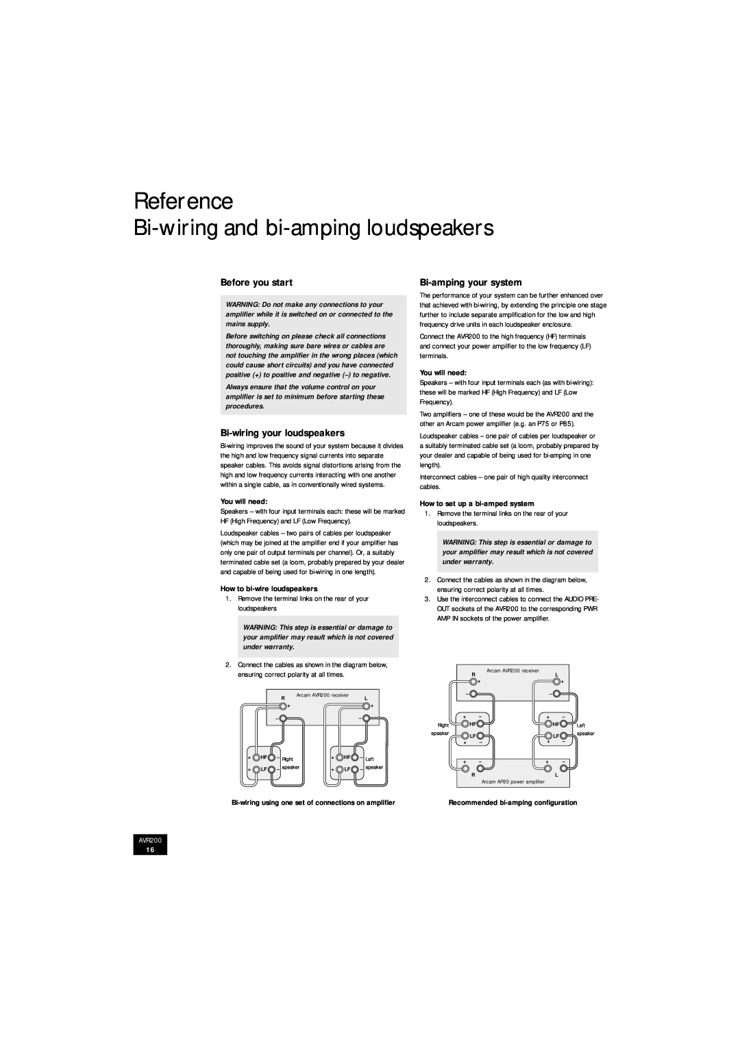 Arcam AVR200 Reference Bi-wiringand bi-ampingloudspeakers, Before you start, Bi-wiringyour loudspeakers, You will need 