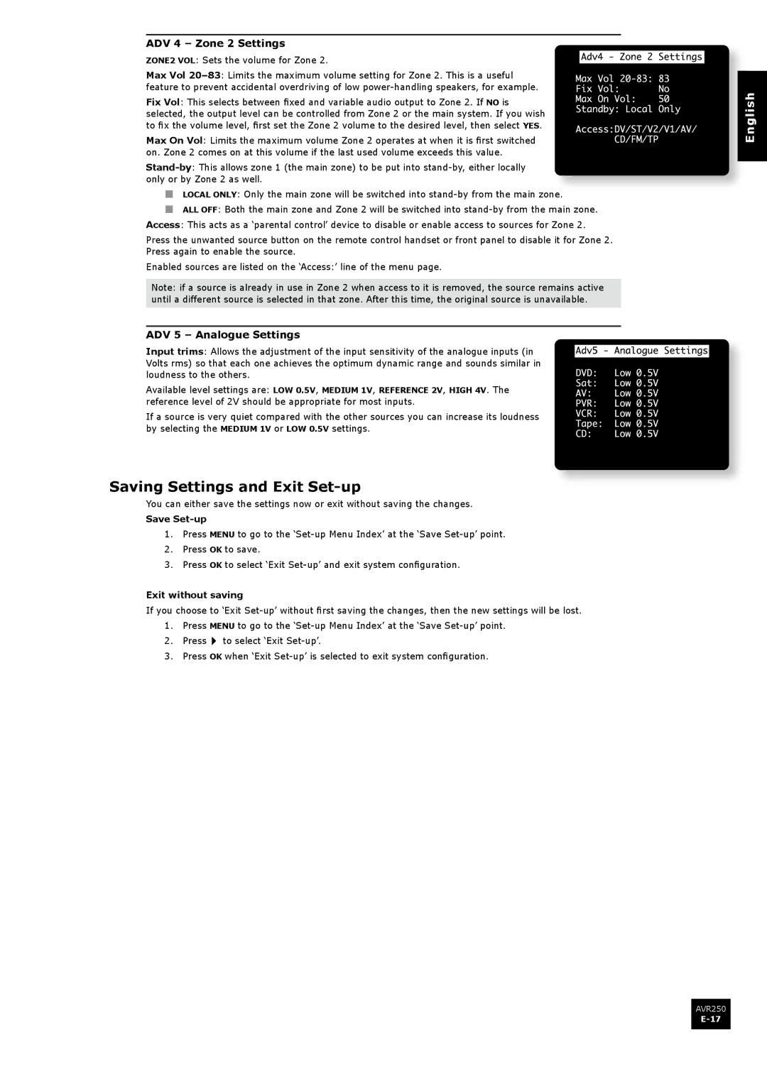 Arcam AVR250 manual Saving Settings and Exit Set-up, ADV 4 Zone 2 Settings, ADV 5 Analogue Settings, Save Set-up 