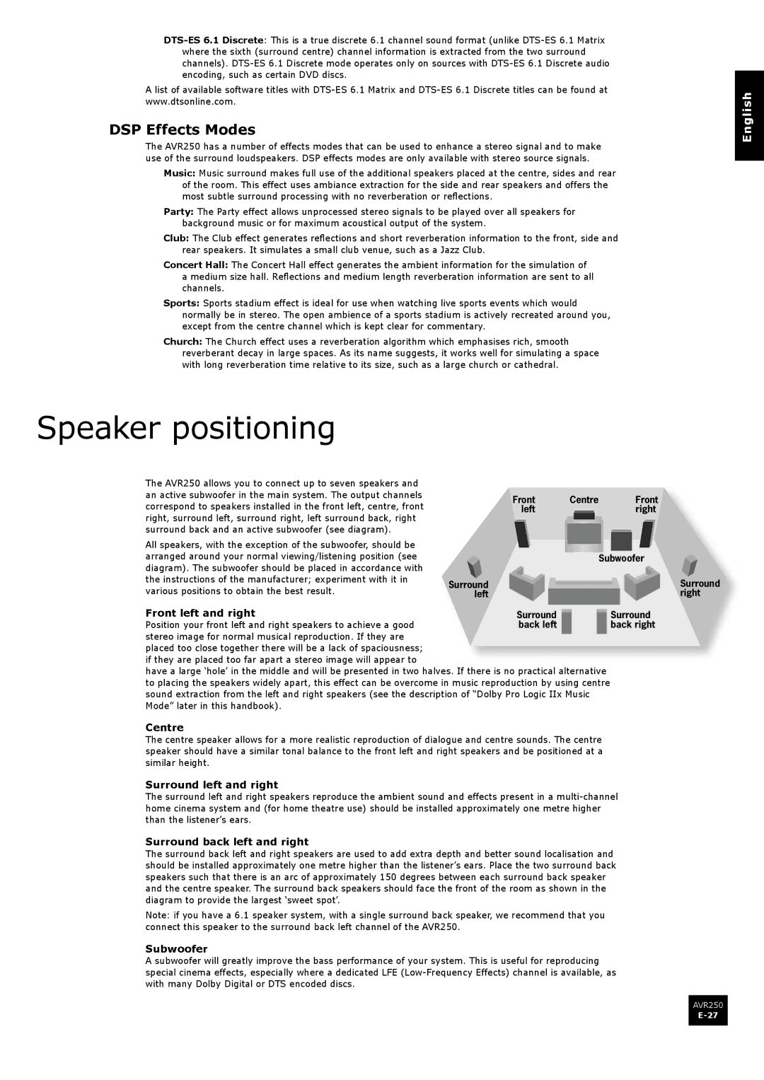 Arcam AVR250 manual Speaker positioning, DSP Effects Modes 