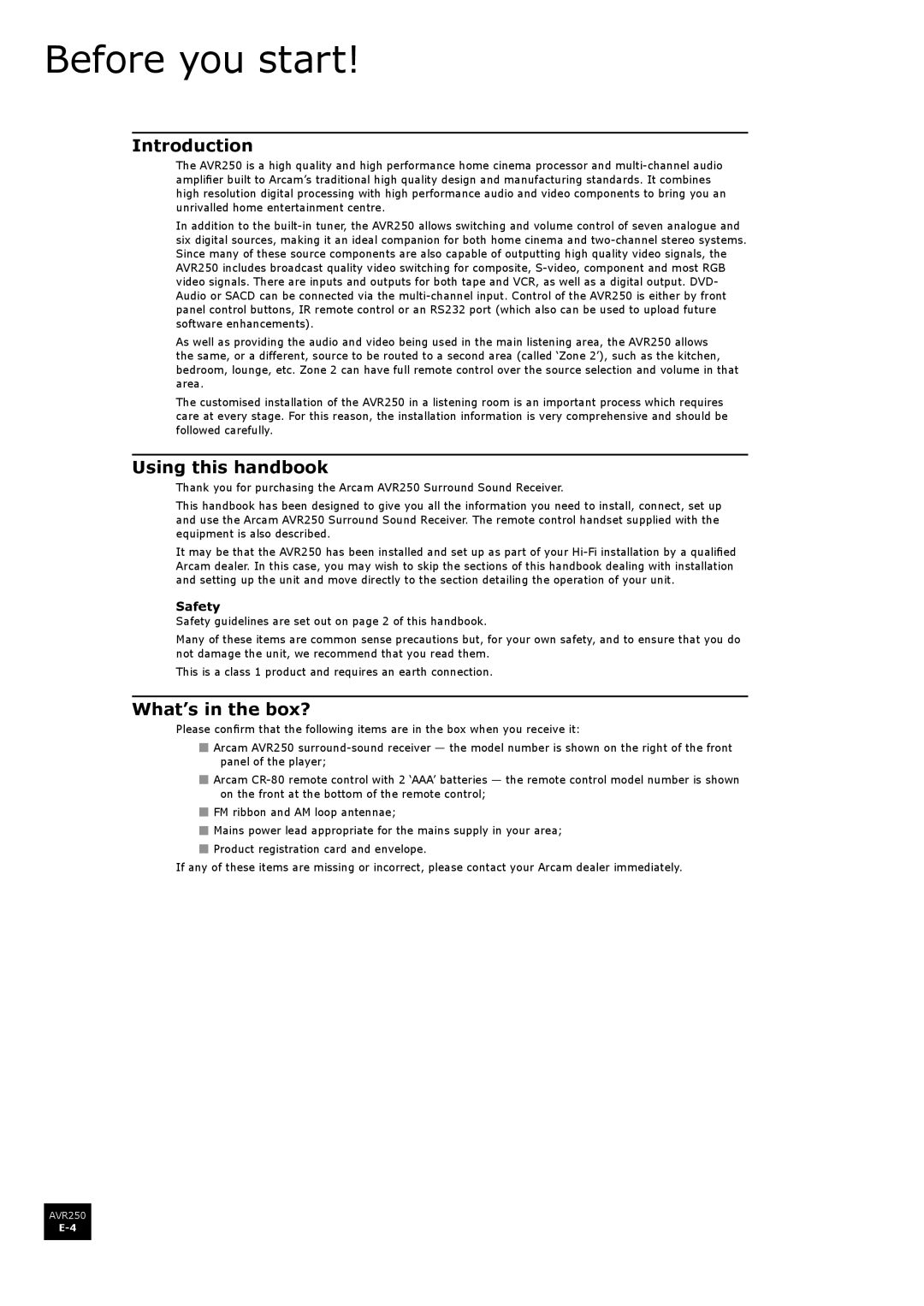 Arcam AVR250 manual Before you start, Introduction, Using this handbook, What’s in the box?, Safety 