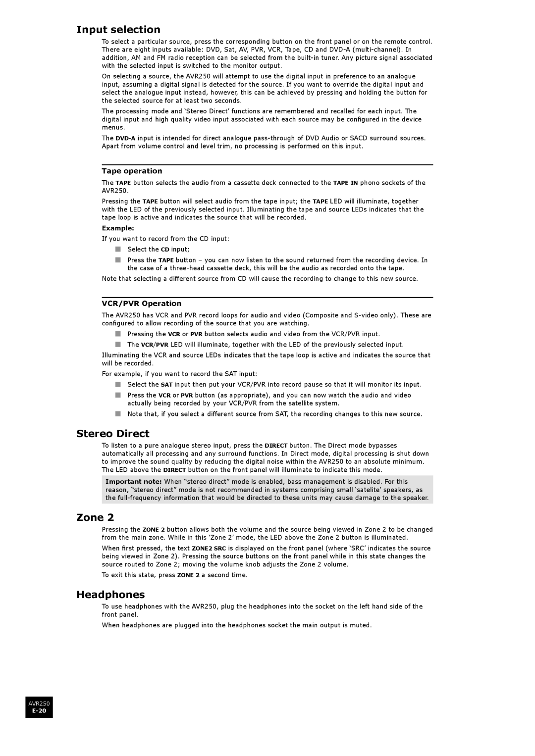 Arcam AVR250 manual Input selection, Stereo Direct, Zone, Headphones 