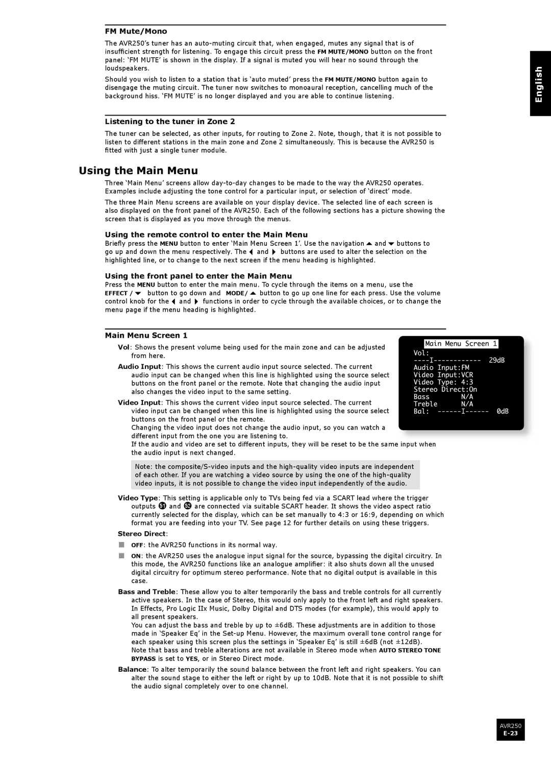 Arcam AVR250 manual Using the Main Menu 