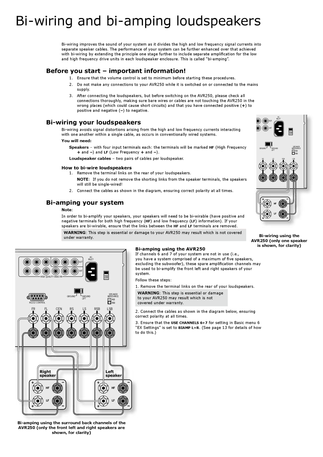 Arcam AVR250 Bi-wiring and bi-amping loudspeakers, Before you start important information, Bi-wiring your loudspeakers 