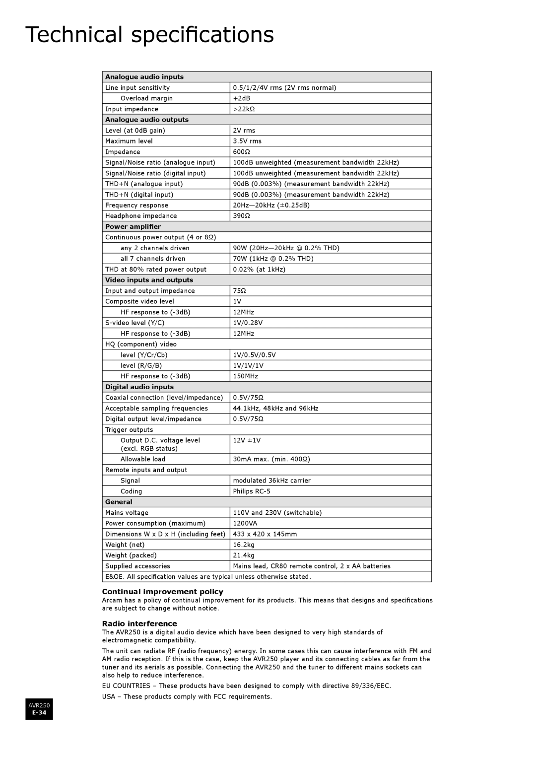 Arcam AVR250 manual Technical specifications, Continual improvement policy, Radio interference 