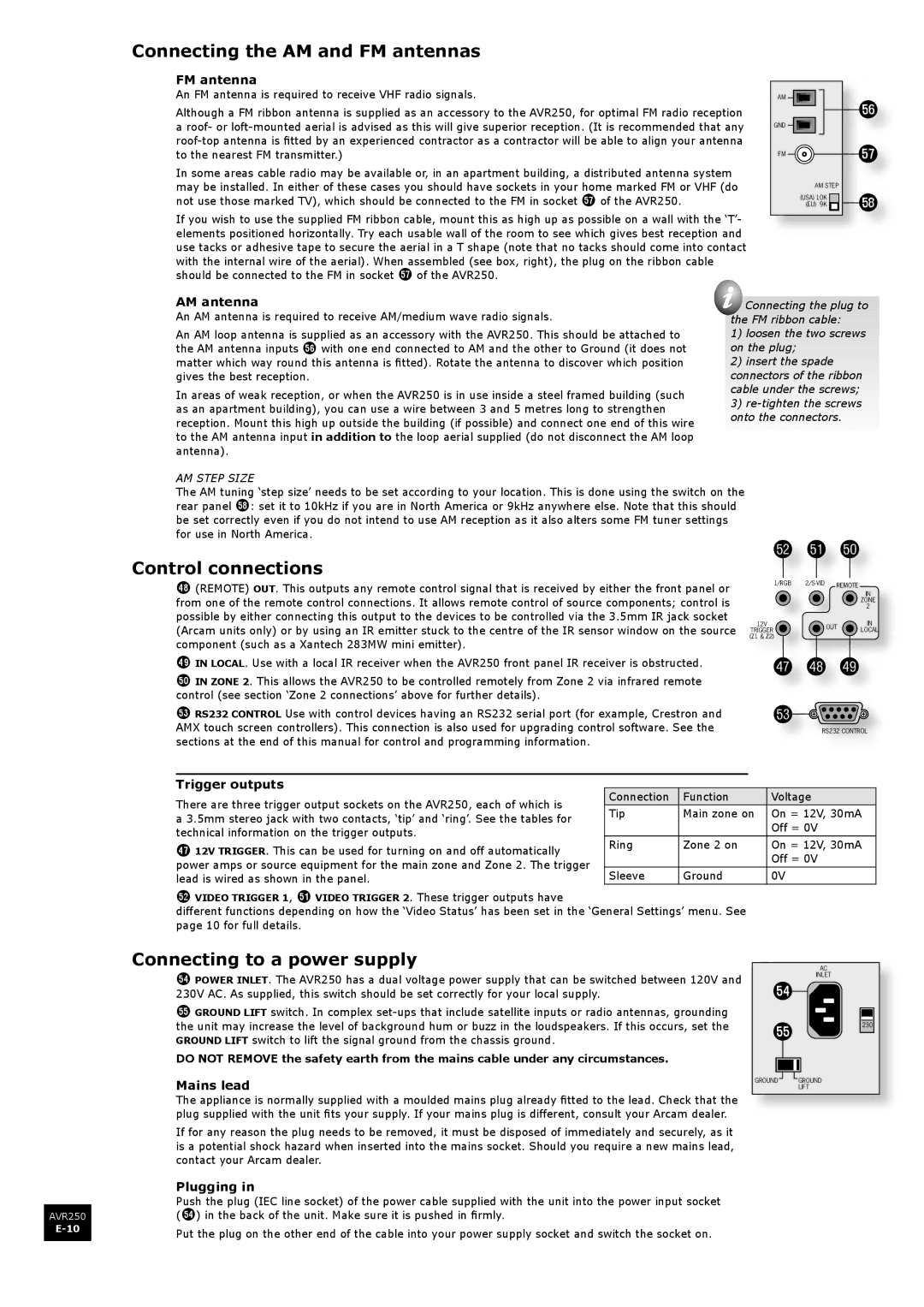 Arcam AVR250 manual Connecting the AM and FM antennas, Connecting to a power supply 