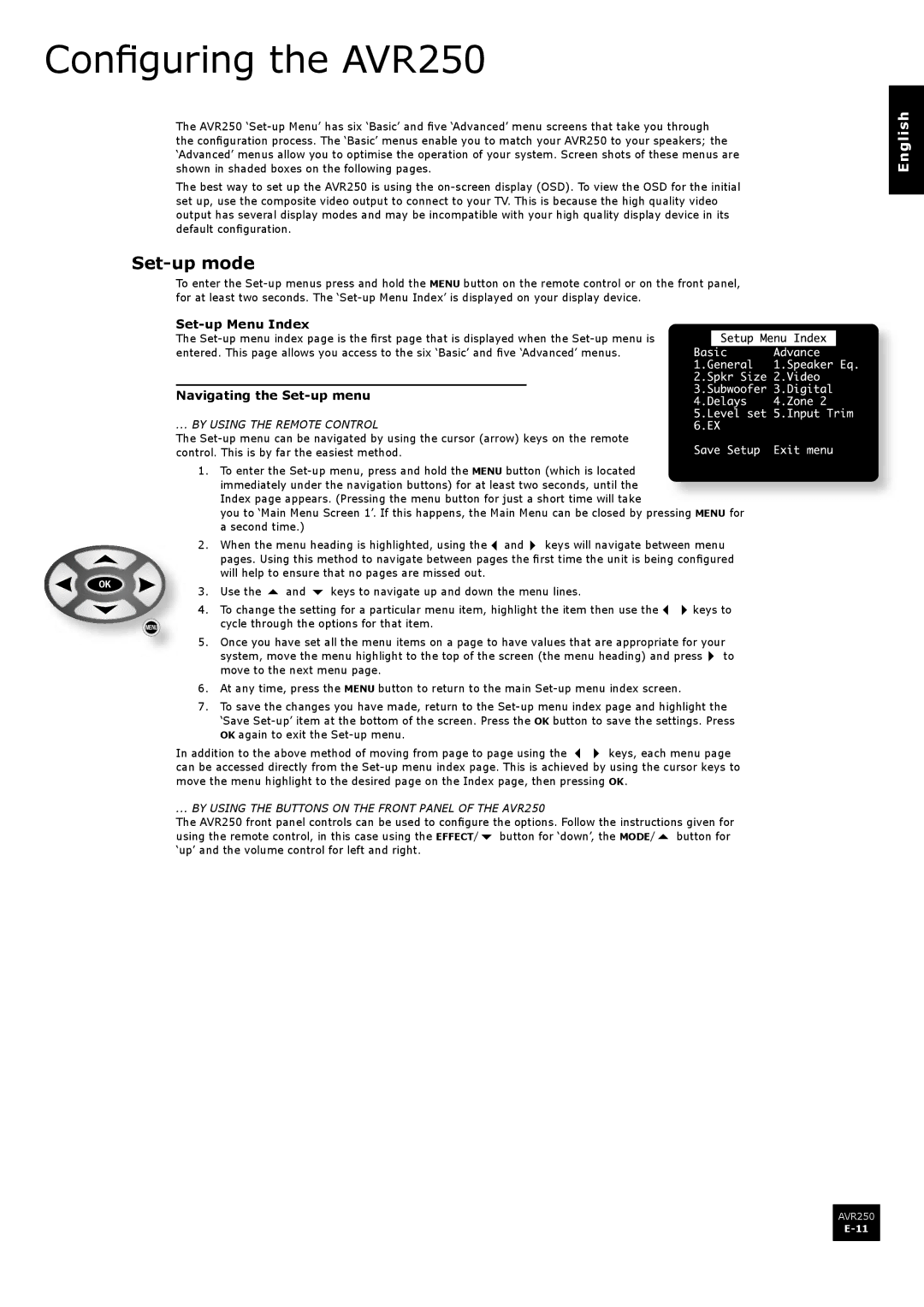 Arcam manual Configuring the AVR250, Set-up mode, Set-up Menu Index, Navigating the Set-up menu 