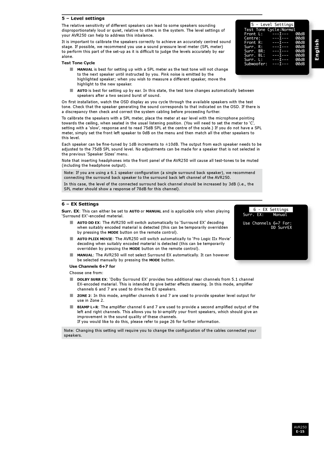 Arcam AVR250 manual Level settings, EX Settings, Test Tone Cycle, Use Channels 6+7 for 