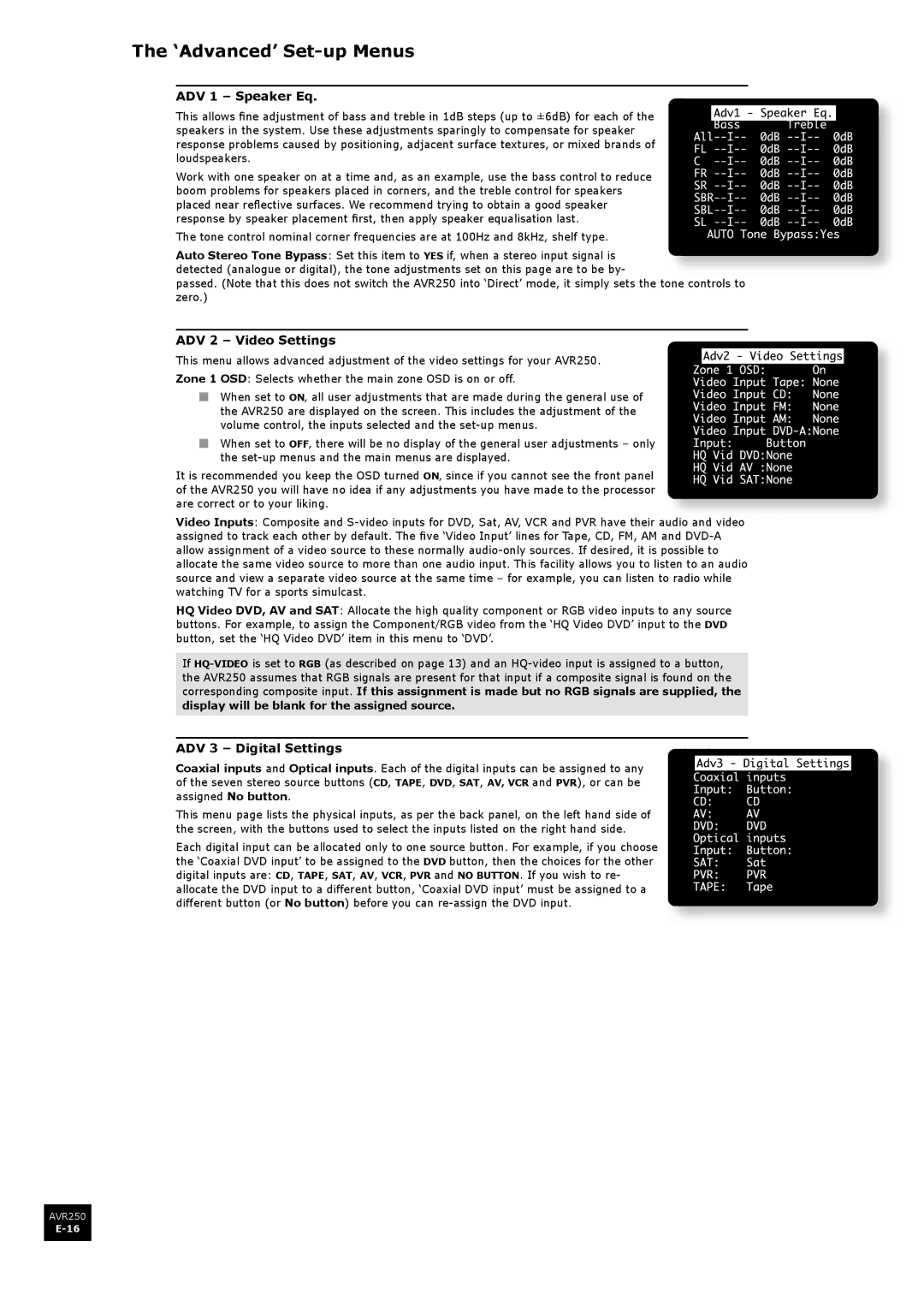 Arcam AVR250 manual ‘Advanced’ Set-up Menus, ADV 1 Speaker Eq, ADV 2 Video Settings, ADV 3 Digital Settings, Loudspeakers 