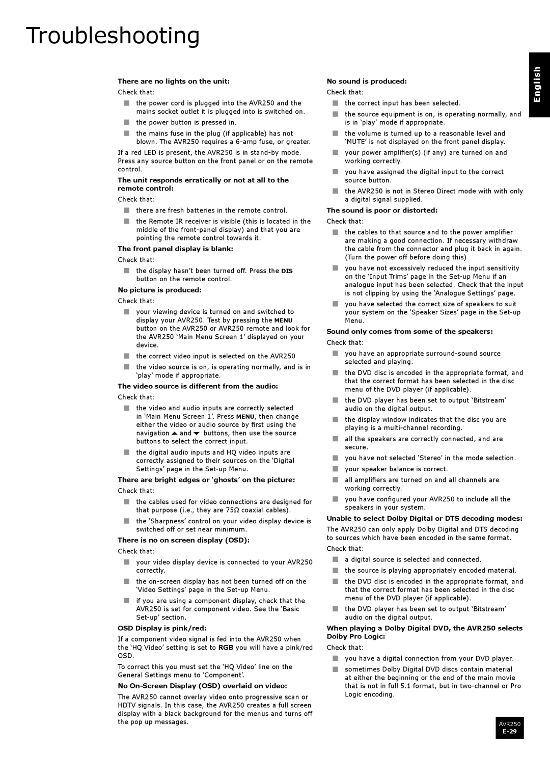 Arcam AVR250 manual Troubleshooting 