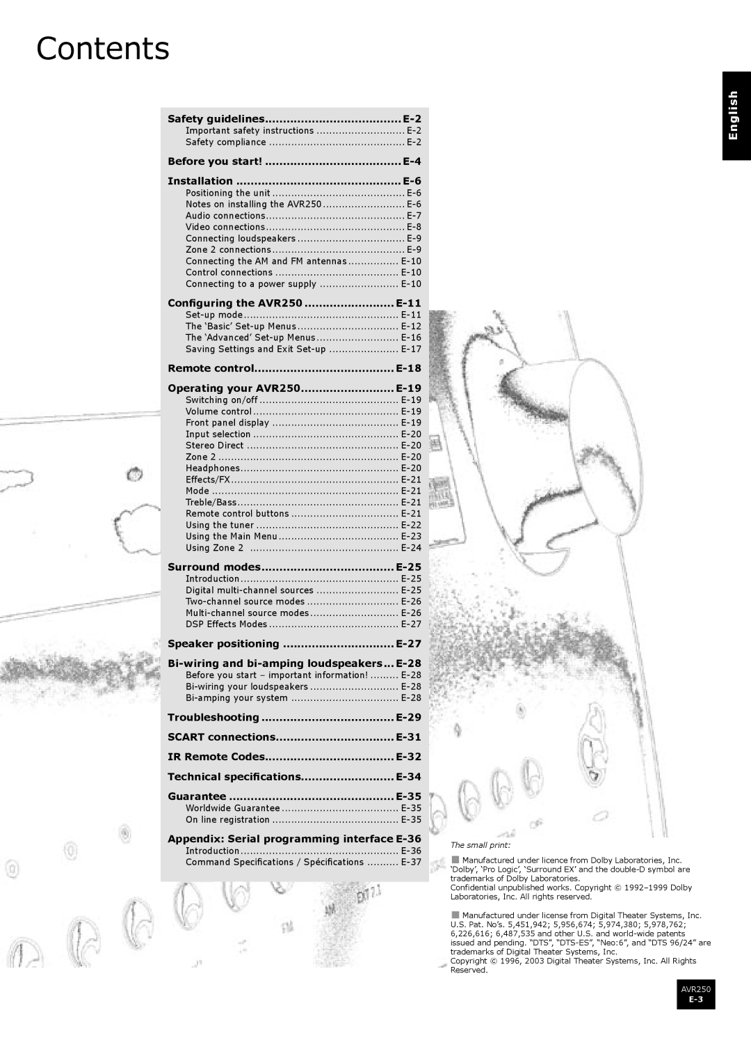 Arcam AVR250 manual Contents 