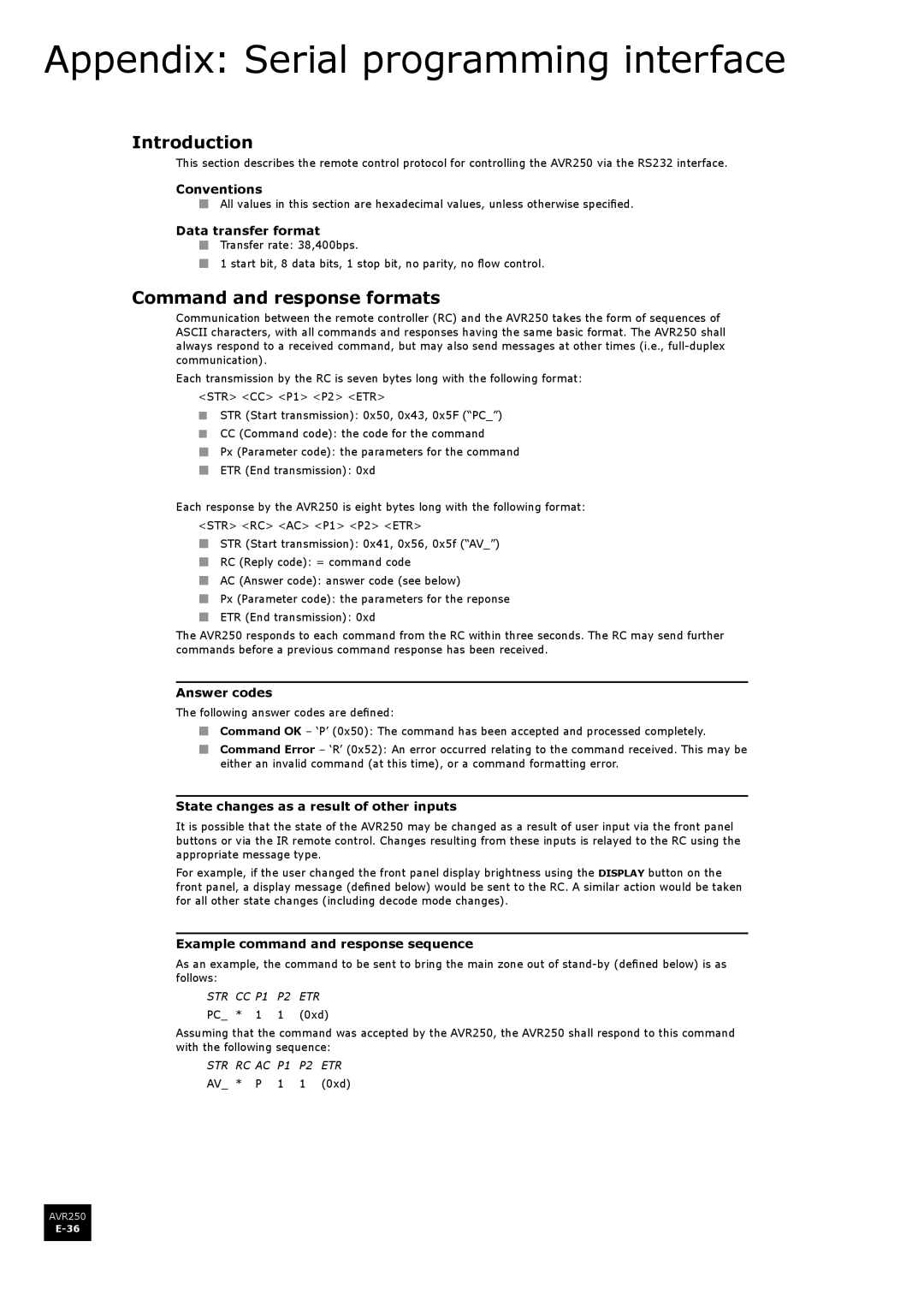 Arcam AVR250 manual Appendix Serial programming interface, Command and response formats 