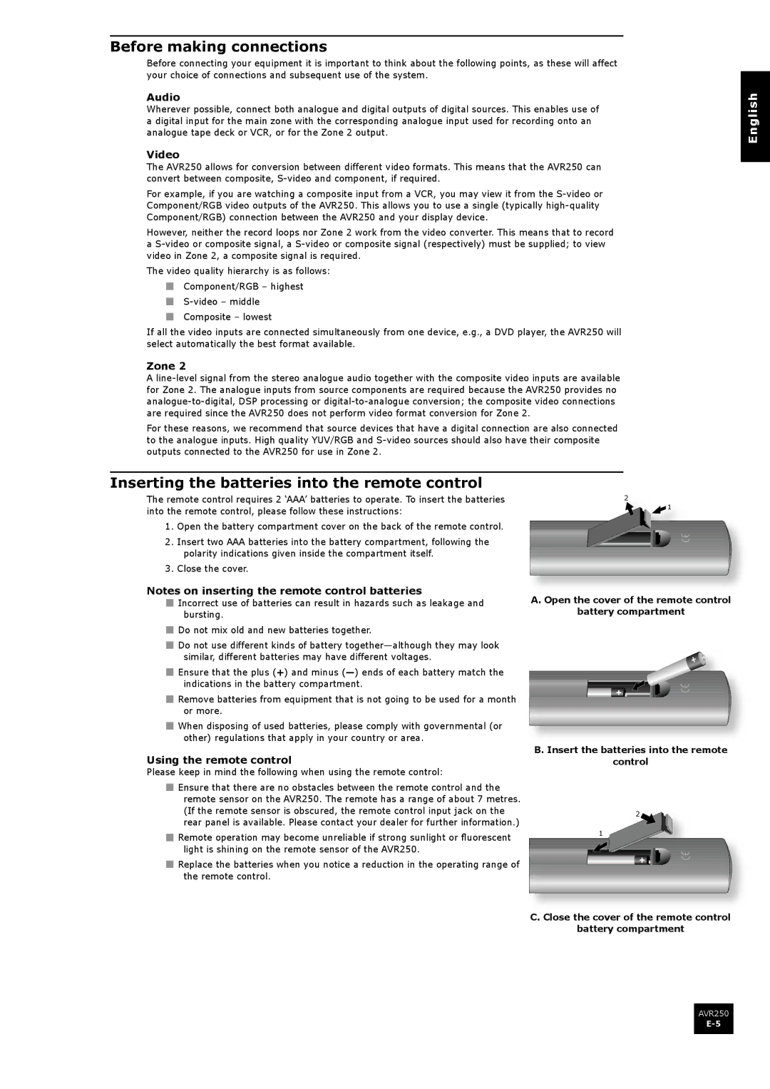 Arcam AVR250 manual Before making connections, Inserting the batteries into the remote control 