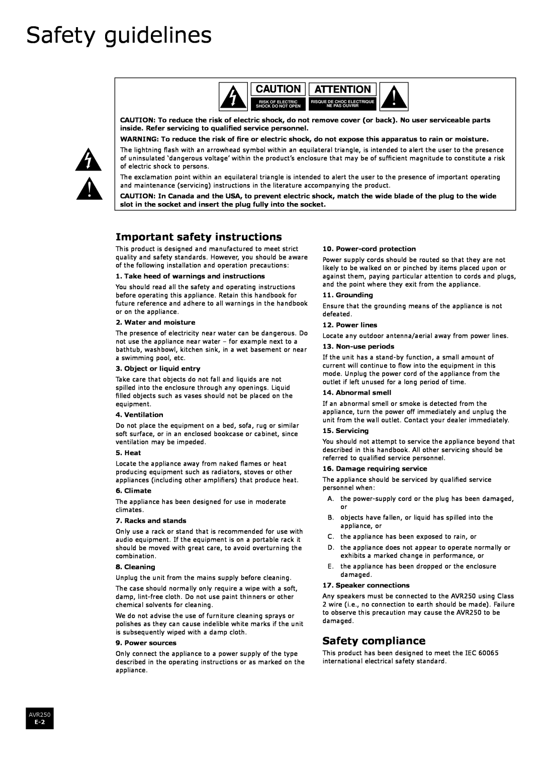 Arcam AVR250 Safety guidelines, Important safety instructions, Safety compliance, Caution Attention, Water and moisture 