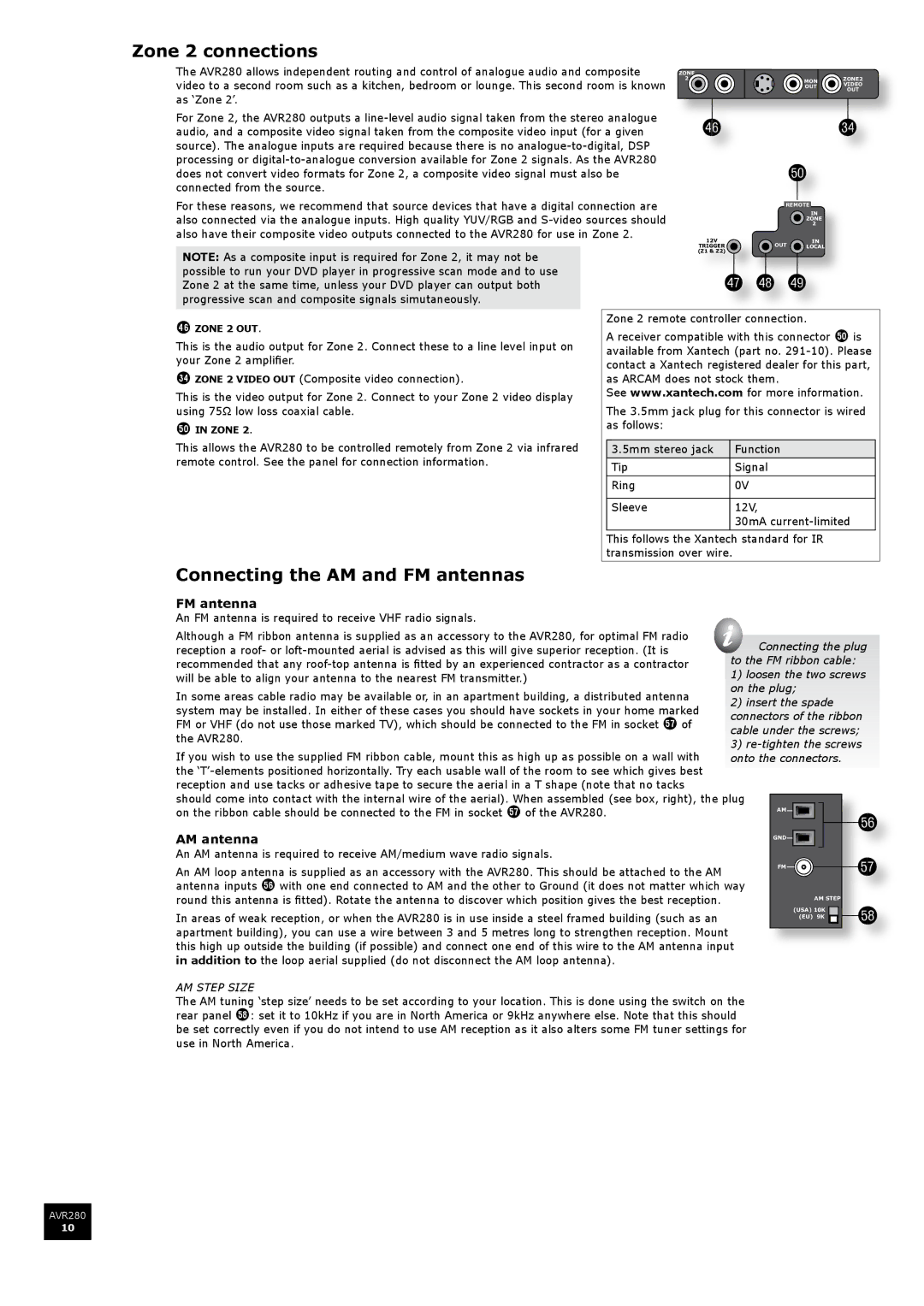 Arcam AVR280 manual Zone 2 connections, Connecting the AM and FM antennas, AM antenna 