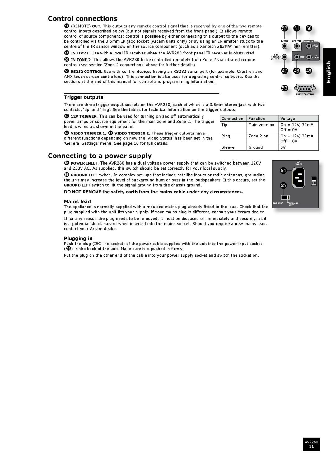 Arcam AVR280 manual Control connections, Connecting to a power supply, Trigger outputs, Mains lead, Plugging 