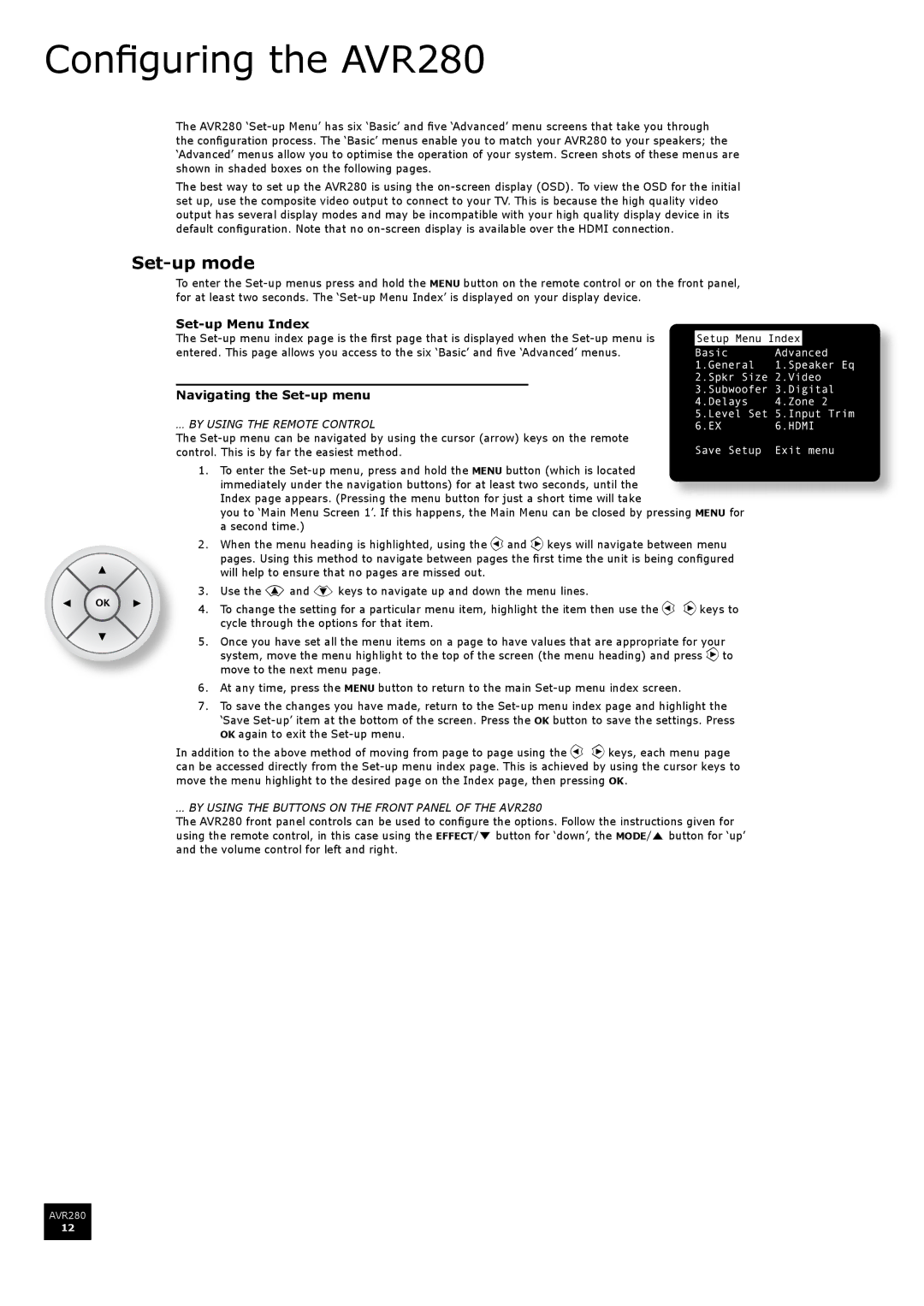 Arcam manual Configuring the AVR280, Set-up mode, Set-up Menu Index, Navigating the Set-up menu 