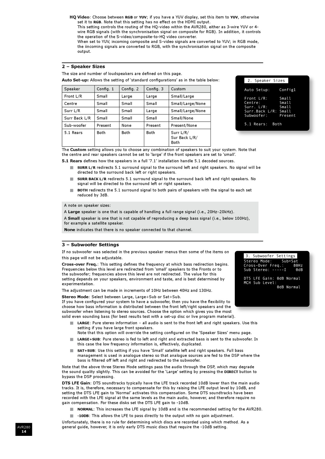 Arcam AVR280 manual Speaker Sizes, Subwoofer Settings, Bypass the DSP processing 