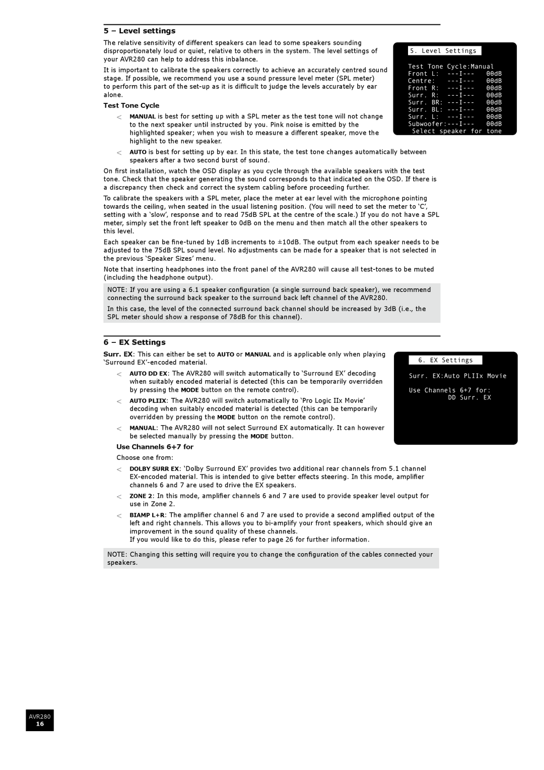 Arcam AVR280 manual Level settings, EX Settings, Test Tone Cycle, Use Channels 6+7 for 