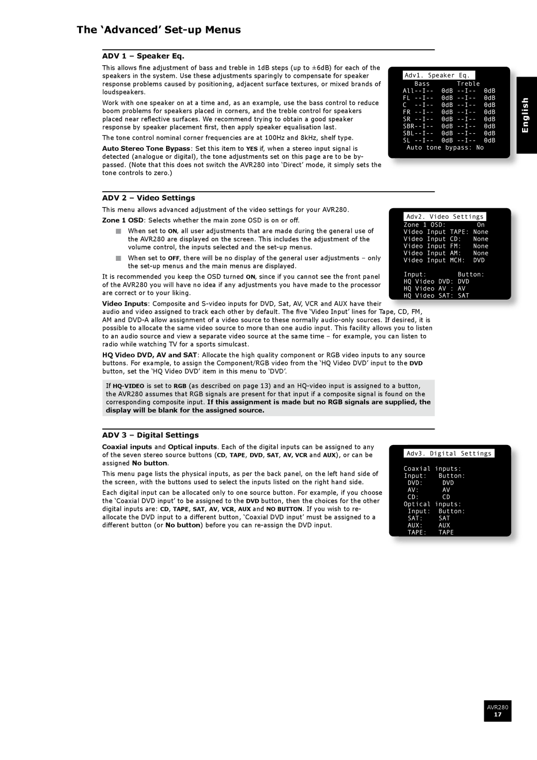 Arcam AVR280 manual ‘Advanced’ Set-up Menus, ADV 1 Speaker Eq, ADV 2 Video Settings, ADV 3 Digital Settings 