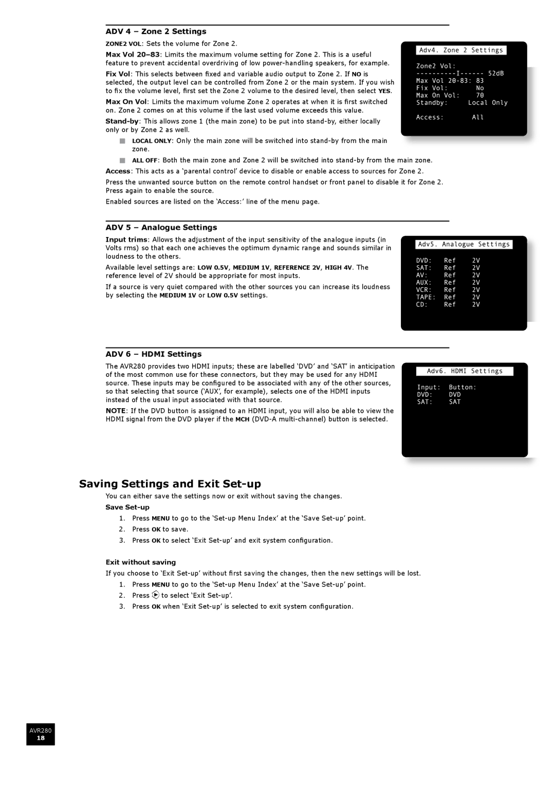 Arcam AVR280 manual Saving Settings and Exit Set-up, ADV 4 Zone 2 Settings, ADV 5 Analogue Settings, ADV 6 Hdmi Settings 