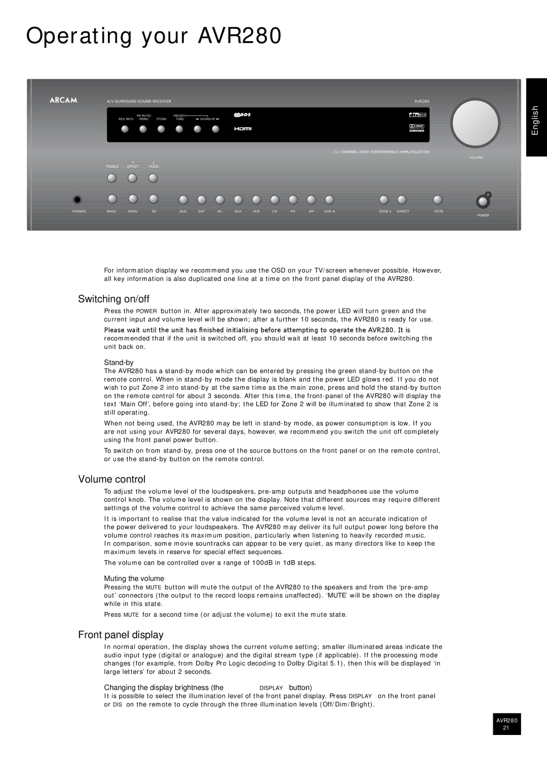 Arcam manual Operating your AVR280, Switching on/off, Volume control, Front panel display 