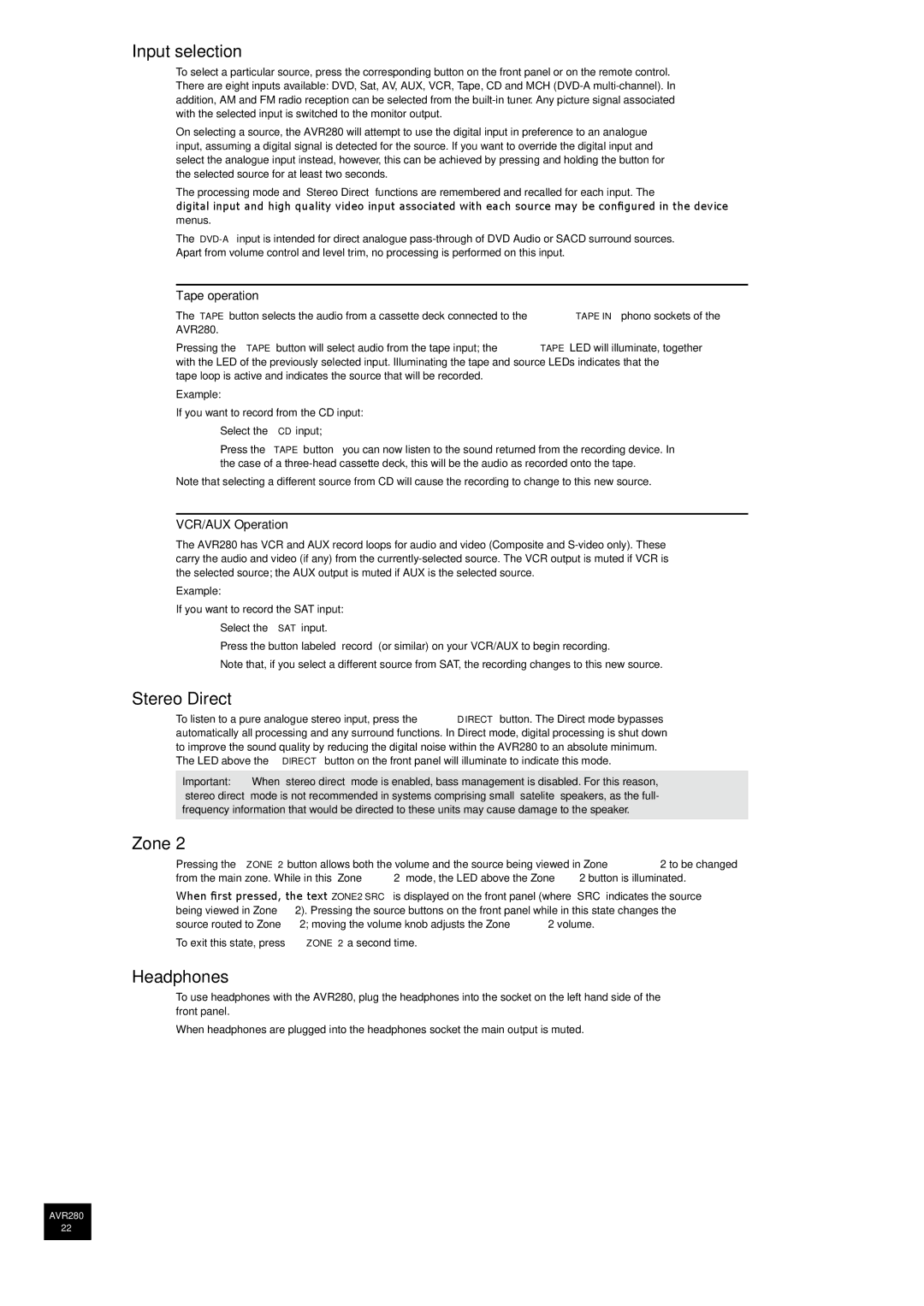 Arcam AVR280 manual Input selection, Stereo Direct, Zone, Headphones 