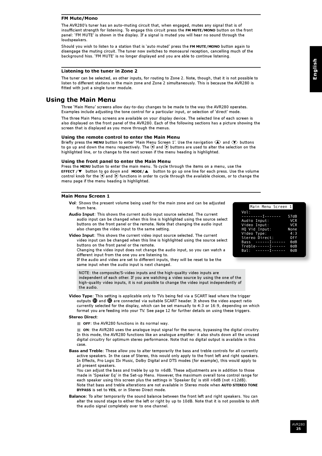 Arcam AVR280 manual Using the Main Menu 