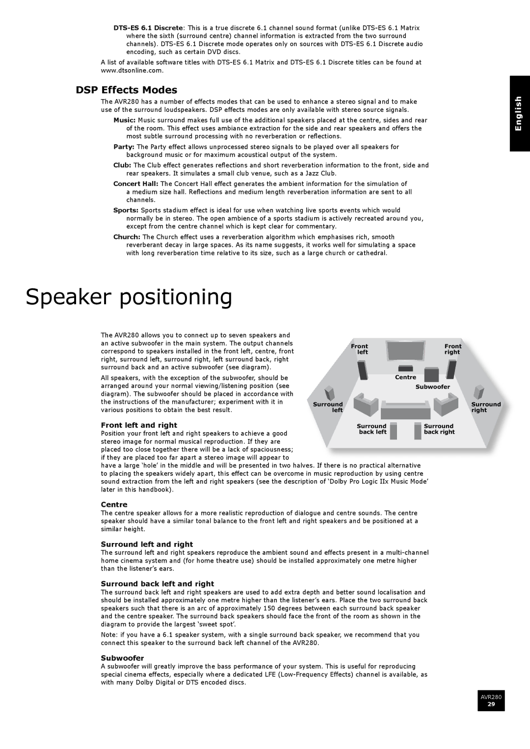 Arcam AVR280 manual Speaker positioning, DSP Effects Modes 