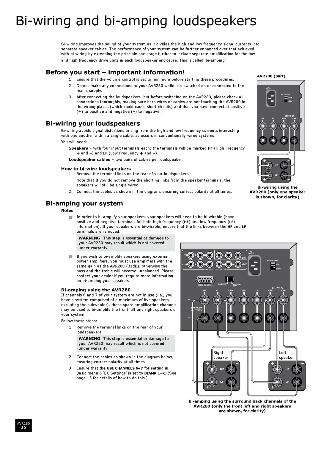 Arcam AVR280 Bi-wiring and bi-amping loudspeakers, Before you start important information, Bi-wiring your loudspeakers 