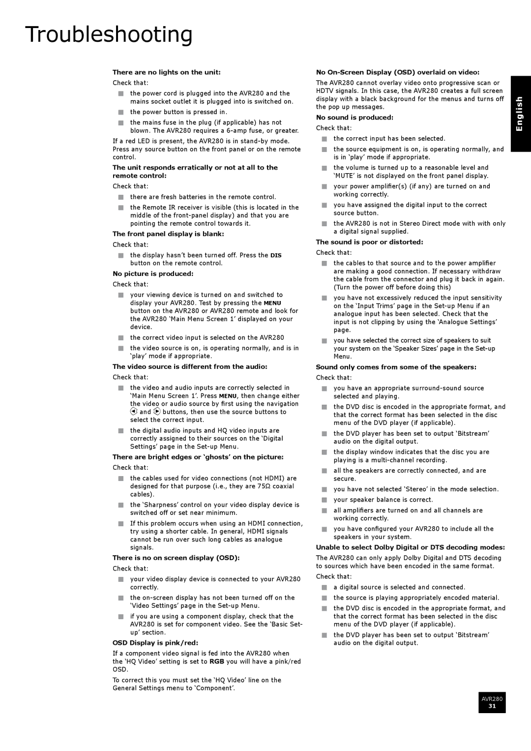 Arcam AVR280 manual Troubleshooting 