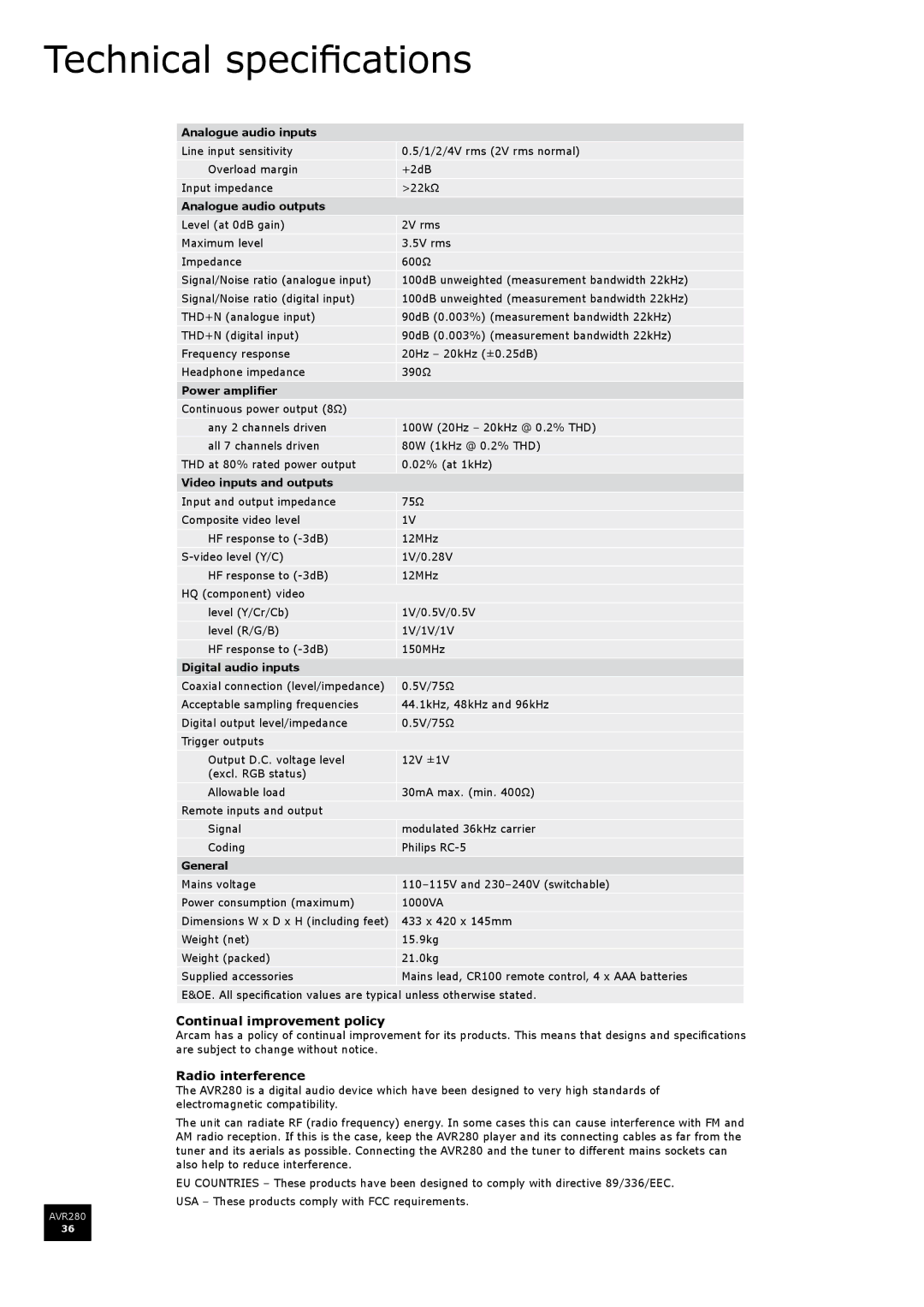 Arcam AVR280 manual Technical specifications, Continual improvement policy, Radio interference 