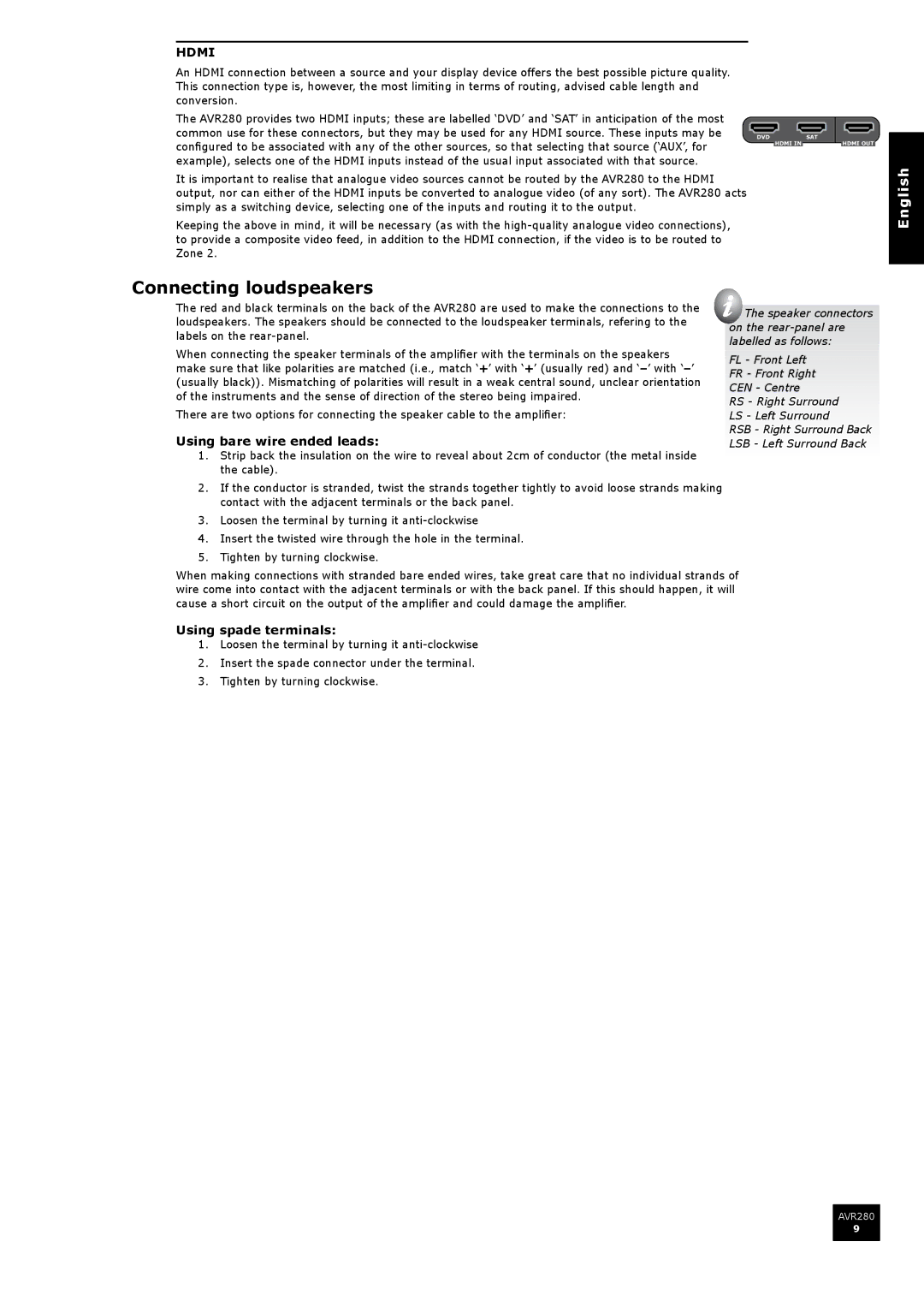 Arcam AVR280 manual Connecting loudspeakers, Using spade terminals 