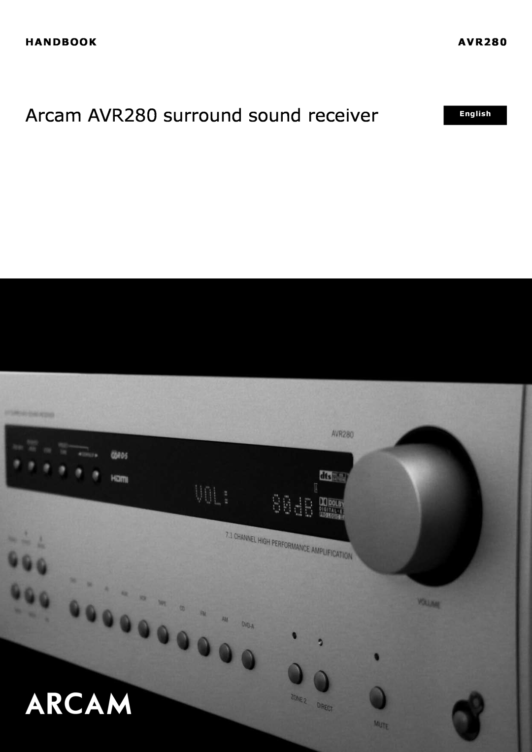 Arcam manual Handbook, Arcam AVR280 surround sound receiver, English 