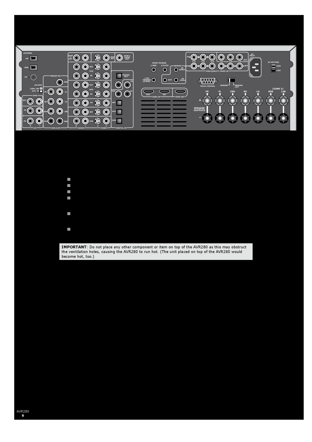 Arcam manual Installation, Positioning the unit, Notes on installing the AVR280, The AVR280 rear panel, Cables 