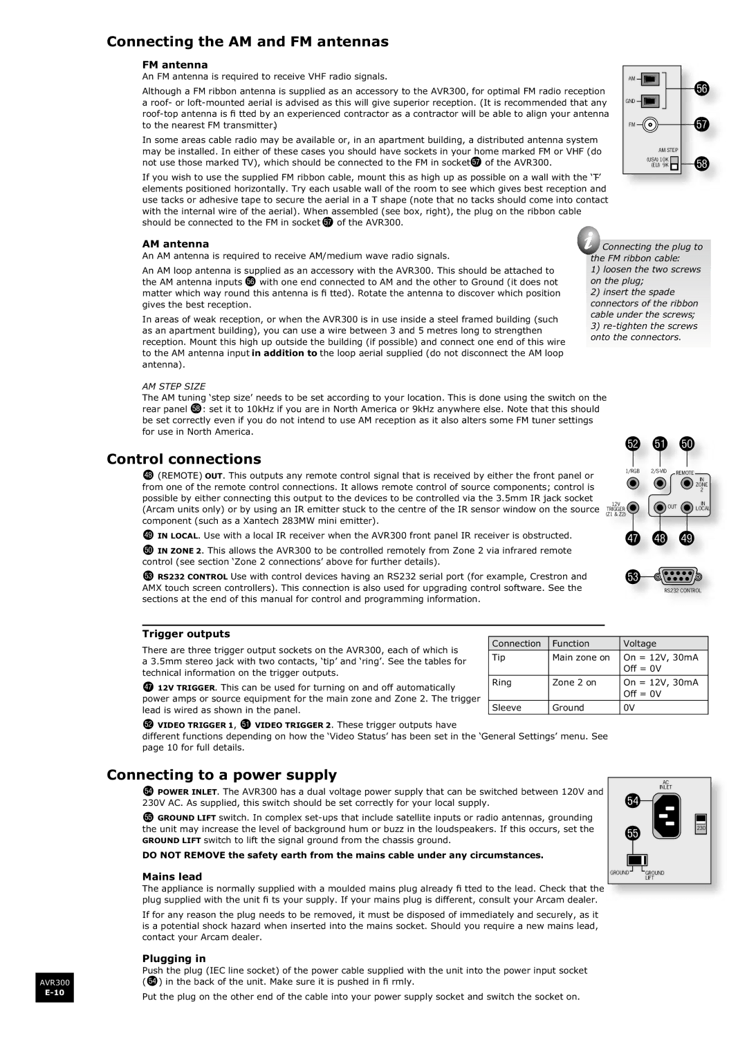 Arcam AVR300 manual RQQHFWLQJWKH$0DQG0DQWHQQDV, RqwuroFrqqhfwlrqv, RqqhfwlqjWrDSrzhuVxsso 