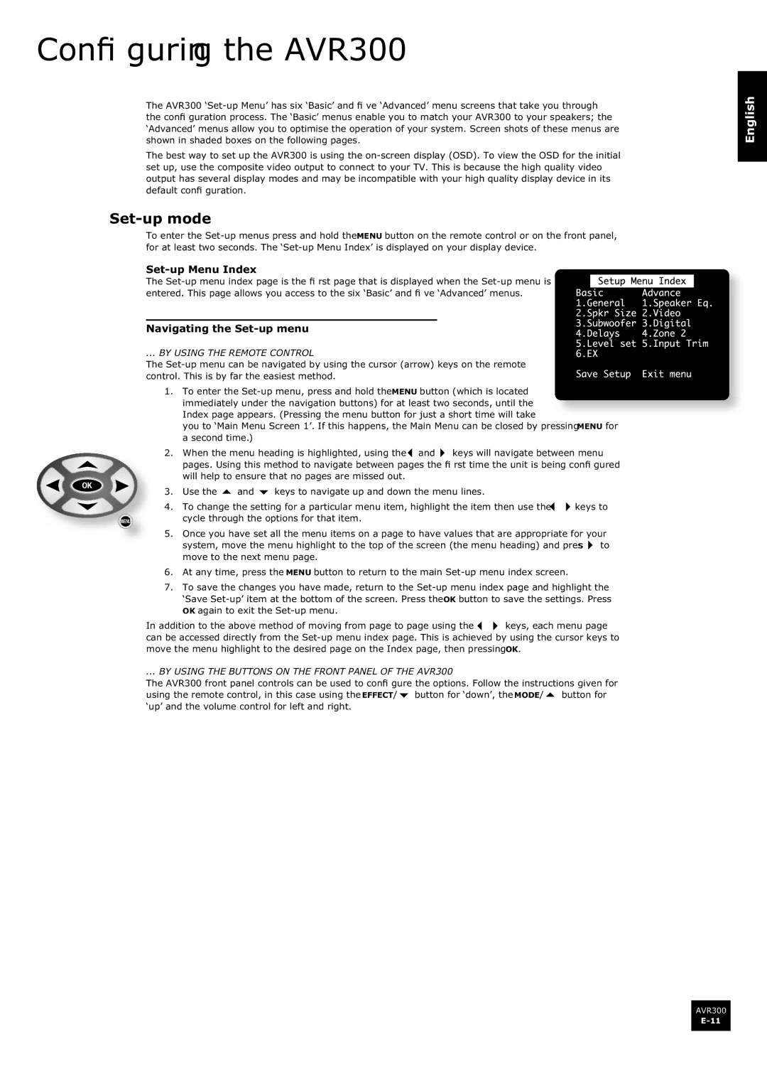 Arcam AVR300 manual 6HWXS Prgh, 6HWXS 0HQX ,QGH, 1DYLJDWLQJ WKH 6HWXS Phqx, %86,1*7+5027&21752 