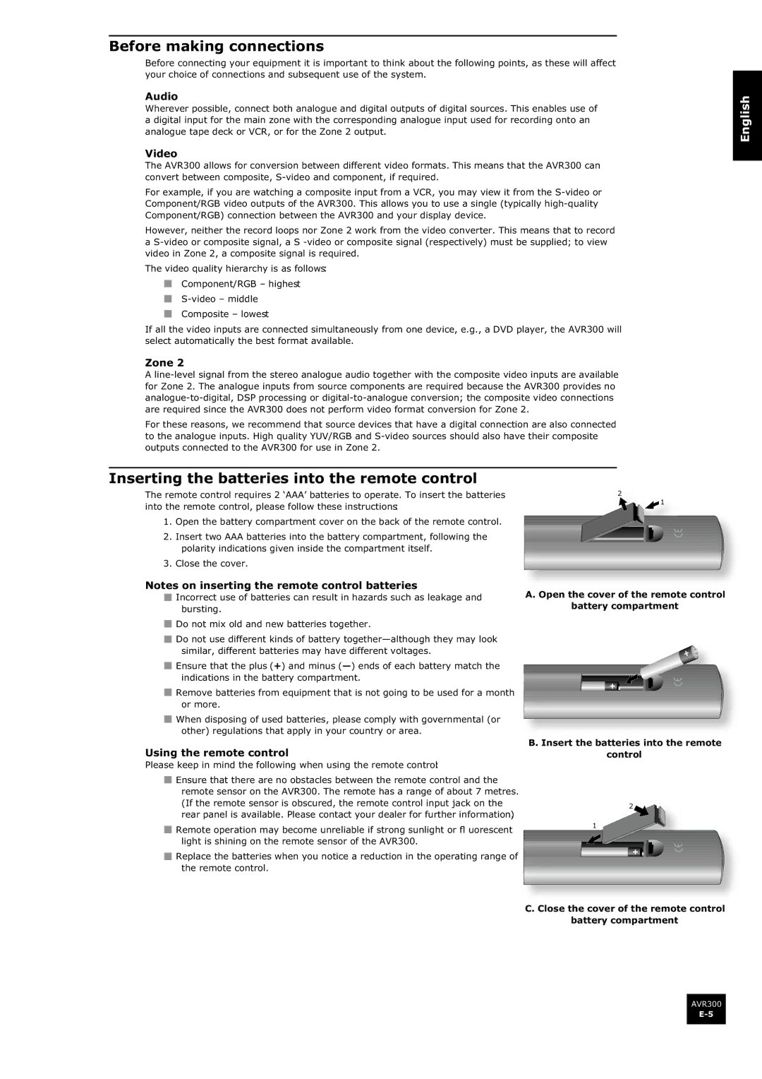 Arcam AVR300 manual HiruhPdnlqjFrqqhfwlrqv, QvhuwlqjWkhEdwwhulhvLqwrWkhUhprwhFrqwuro, $Xglr, 9LGHR 