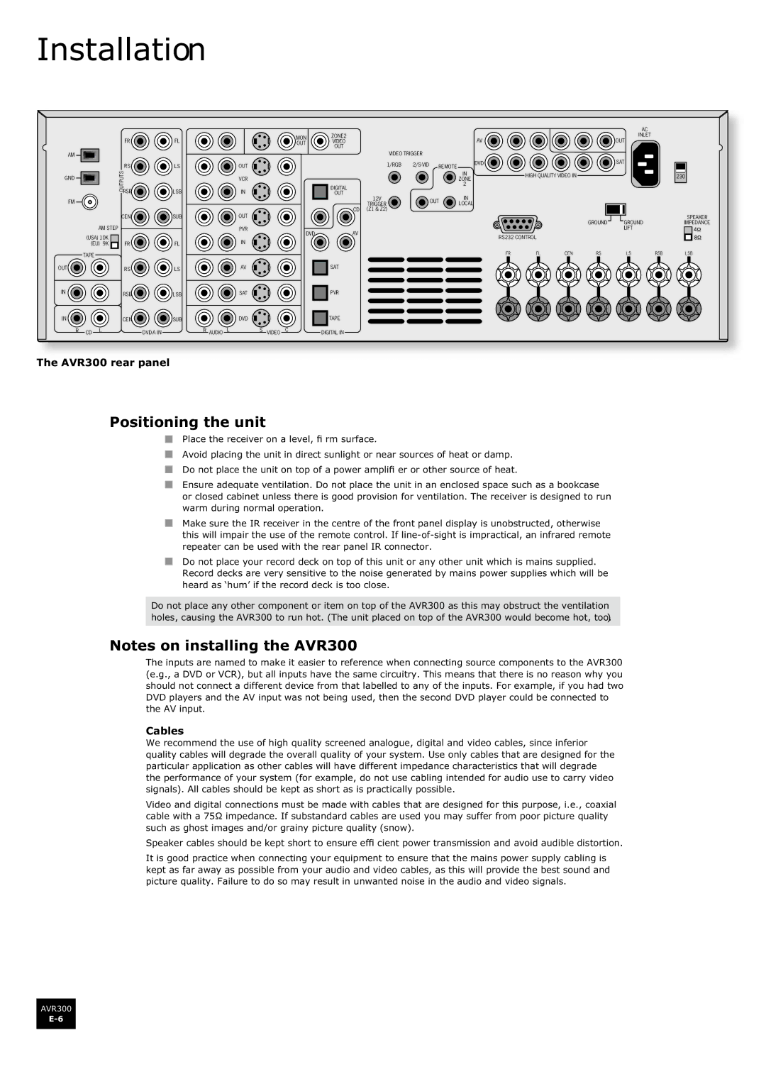 Arcam AVR300 manual Qvwdoodwlrq, 3RVLWLRQLQJ WKH Xqlw, 1RWHV RQ Lqvwd LQJ WKH $95, De Hv 