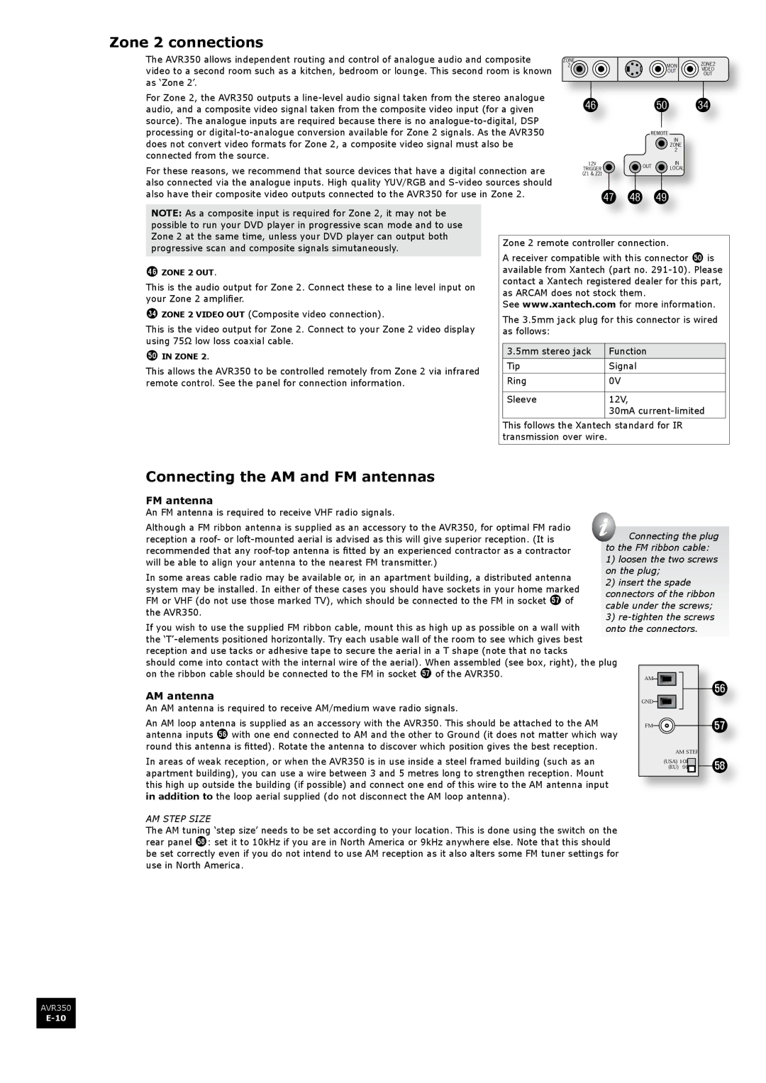 Arcam AVR350 manual Zone 2 connections, Connecting the AM and FM antennas, AM antenna 