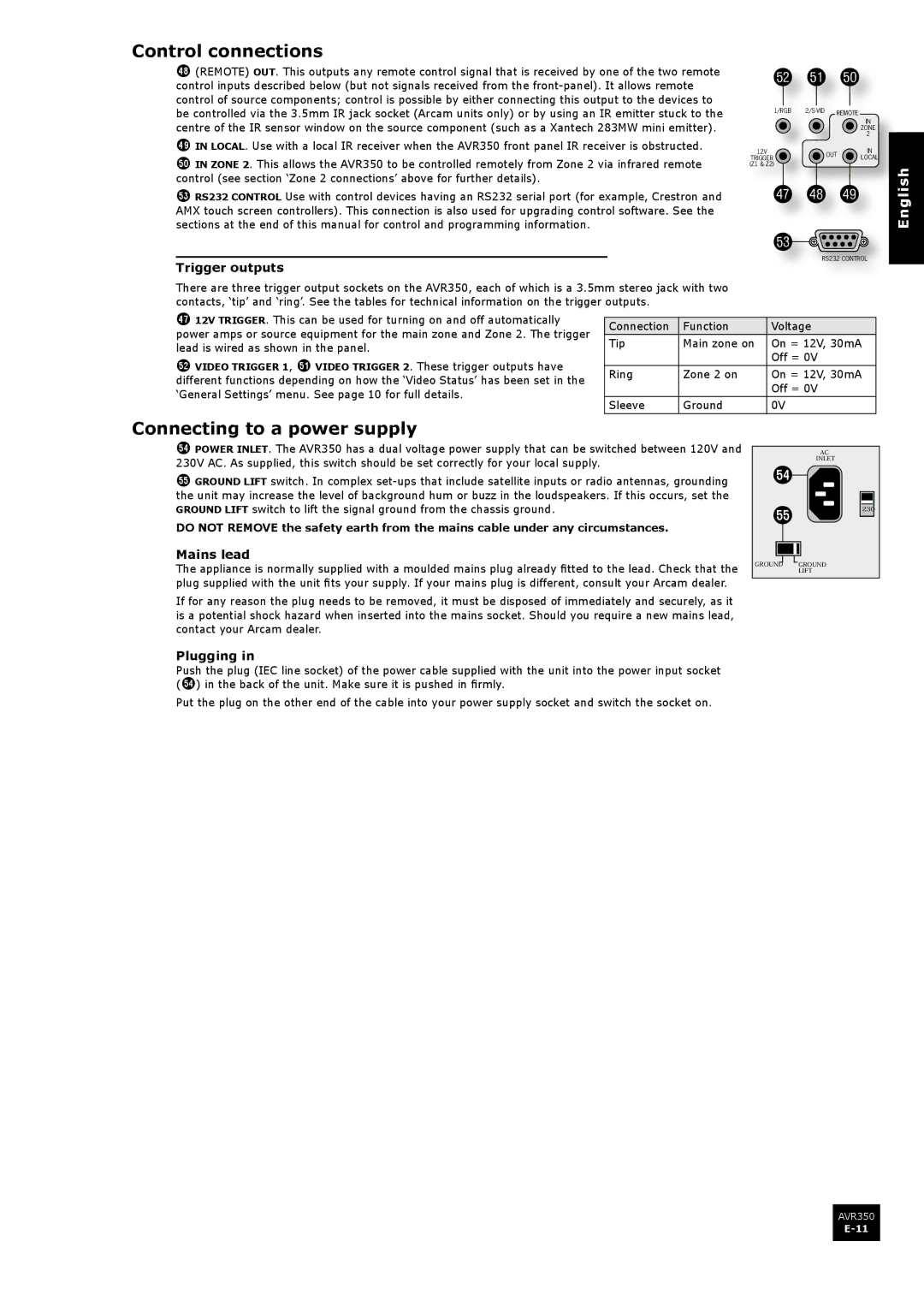 Arcam AVR350 manual Control connections, Connecting to a power supply, Trigger outputs, Mains lead, Plugging 