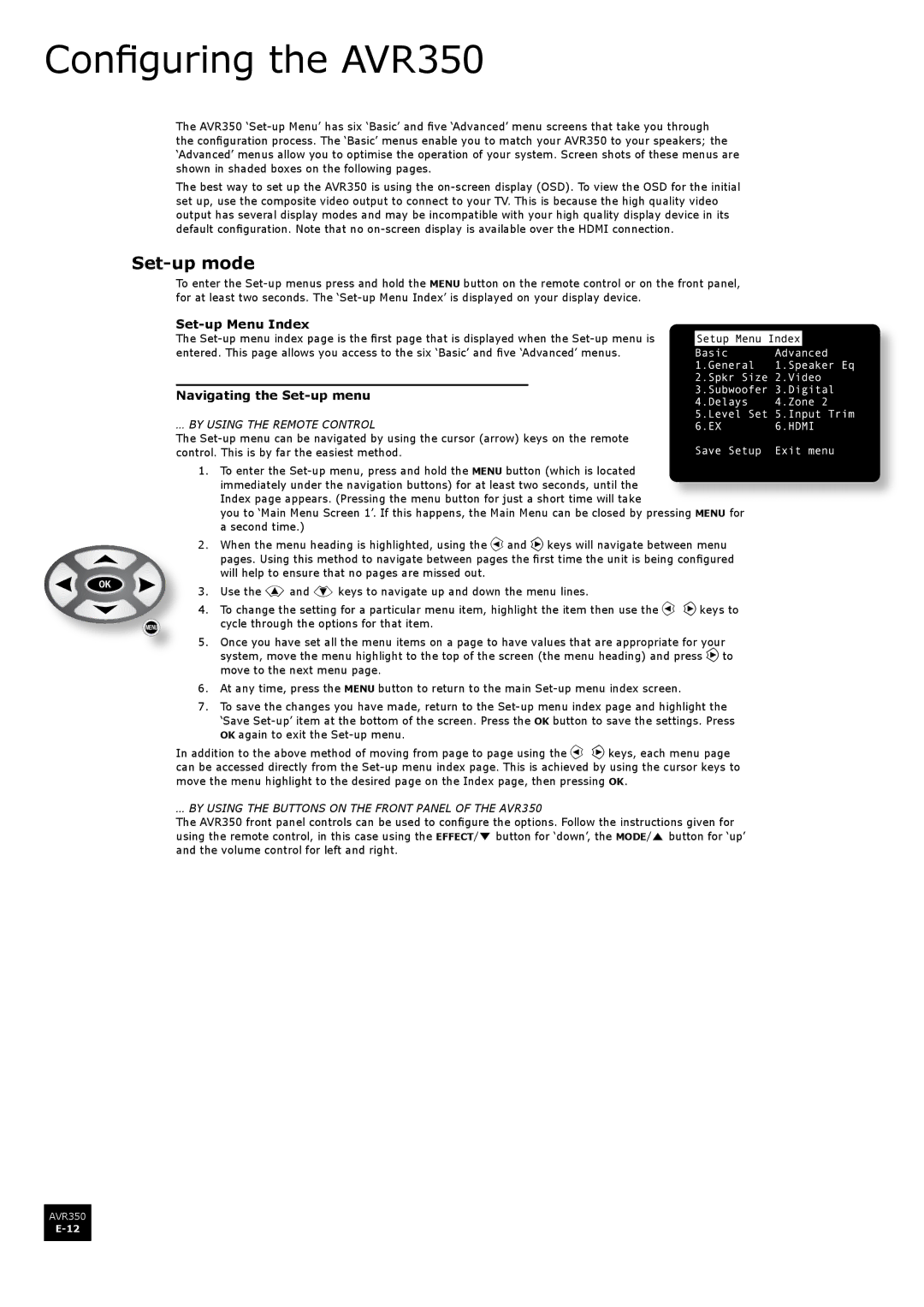 Arcam manual Configuring the AVR350, Set-up mode, Set-up Menu Index, Navigating the Set-up menu 