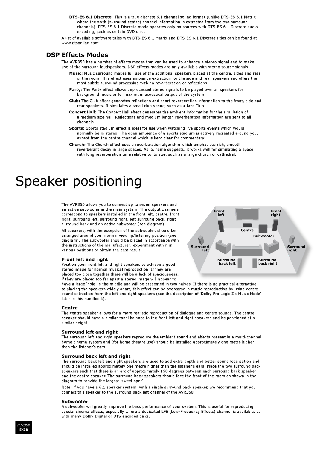 Arcam AVR350 manual Speaker positioning, DSP Effects Modes 