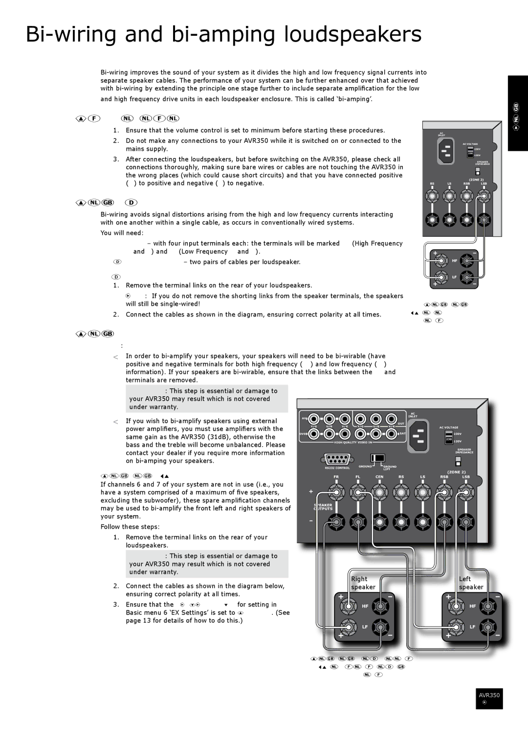 Arcam AVR350 Bi-wiring and bi-amping loudspeakers, Before you start important information, Bi-wiring your loudspeakers 