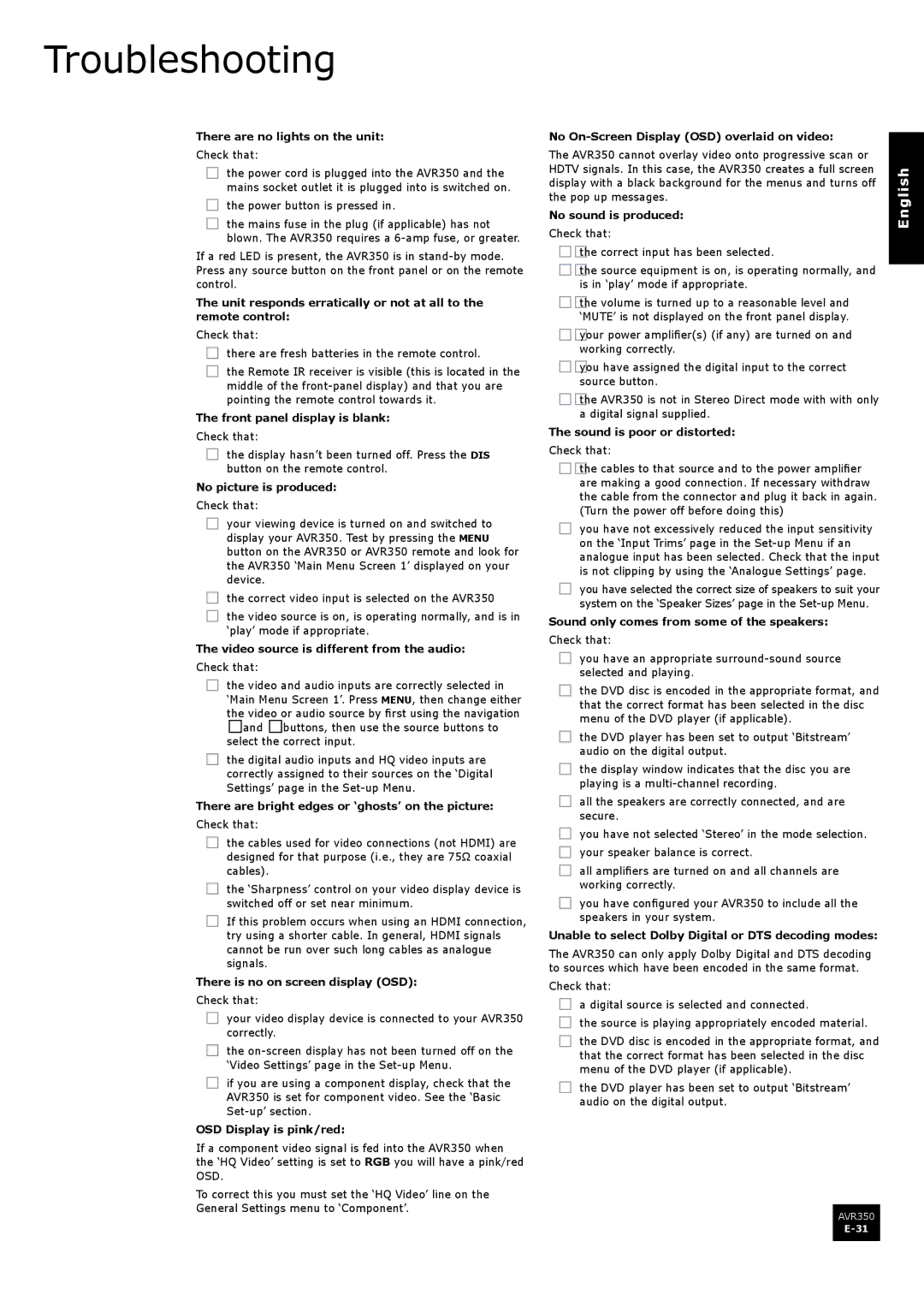 Arcam AVR350 manual Troubleshooting 