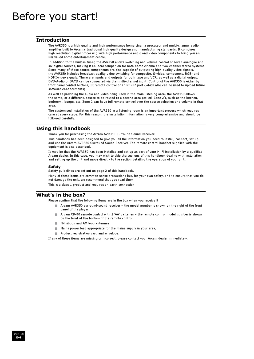 Arcam AVR350 manual Before you start, Introduction, Using this handbook, What’s in the box?, Safety 